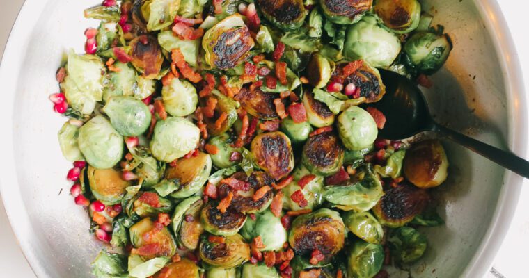 Pan Roasted Brussels Sprouts with Bacon and Pomegranate (Whole 30, Paleo)