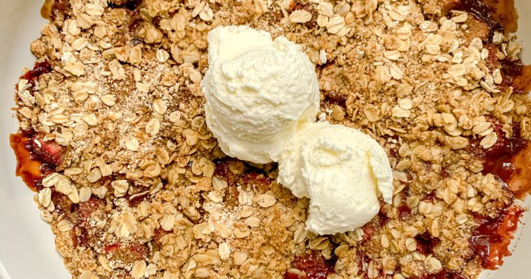 Strawberry Rhubarb Crisp with Ginger Oat Crumble (Gluten Free, Refined Sugar Free)