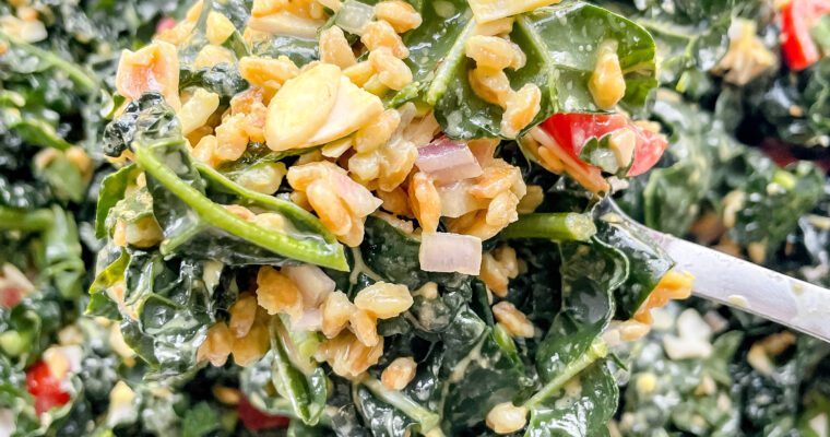 “Cheesy” Vegan Kale Salad with Farro (Vegan)