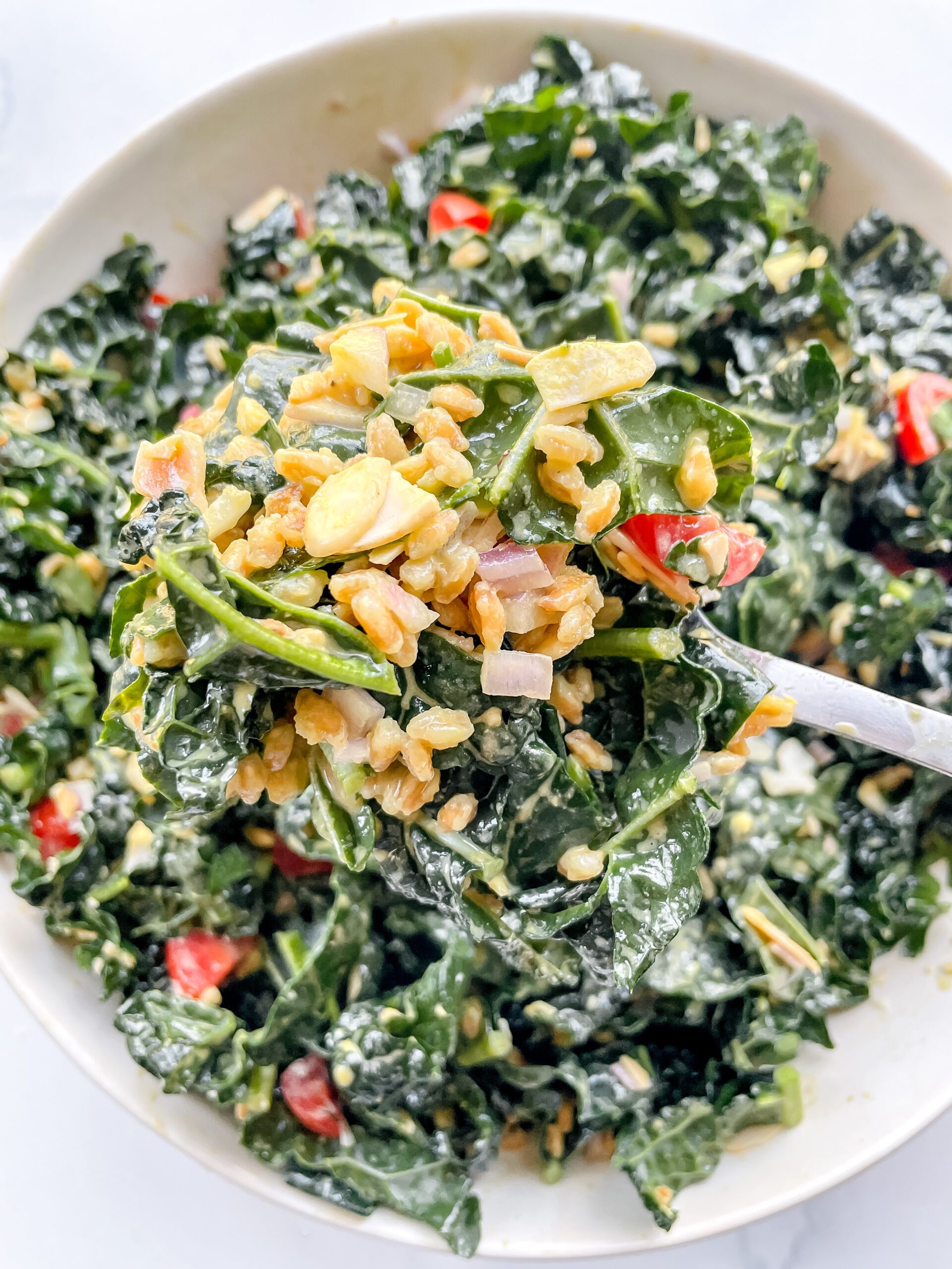 “Cheesy” Vegan Kale Salad with Farro (Vegan)