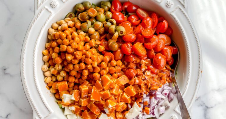 Mediterranean Chopped Salad with Roasted Red Pepper Dressing                             (Vegetarian, Gluten-Free)