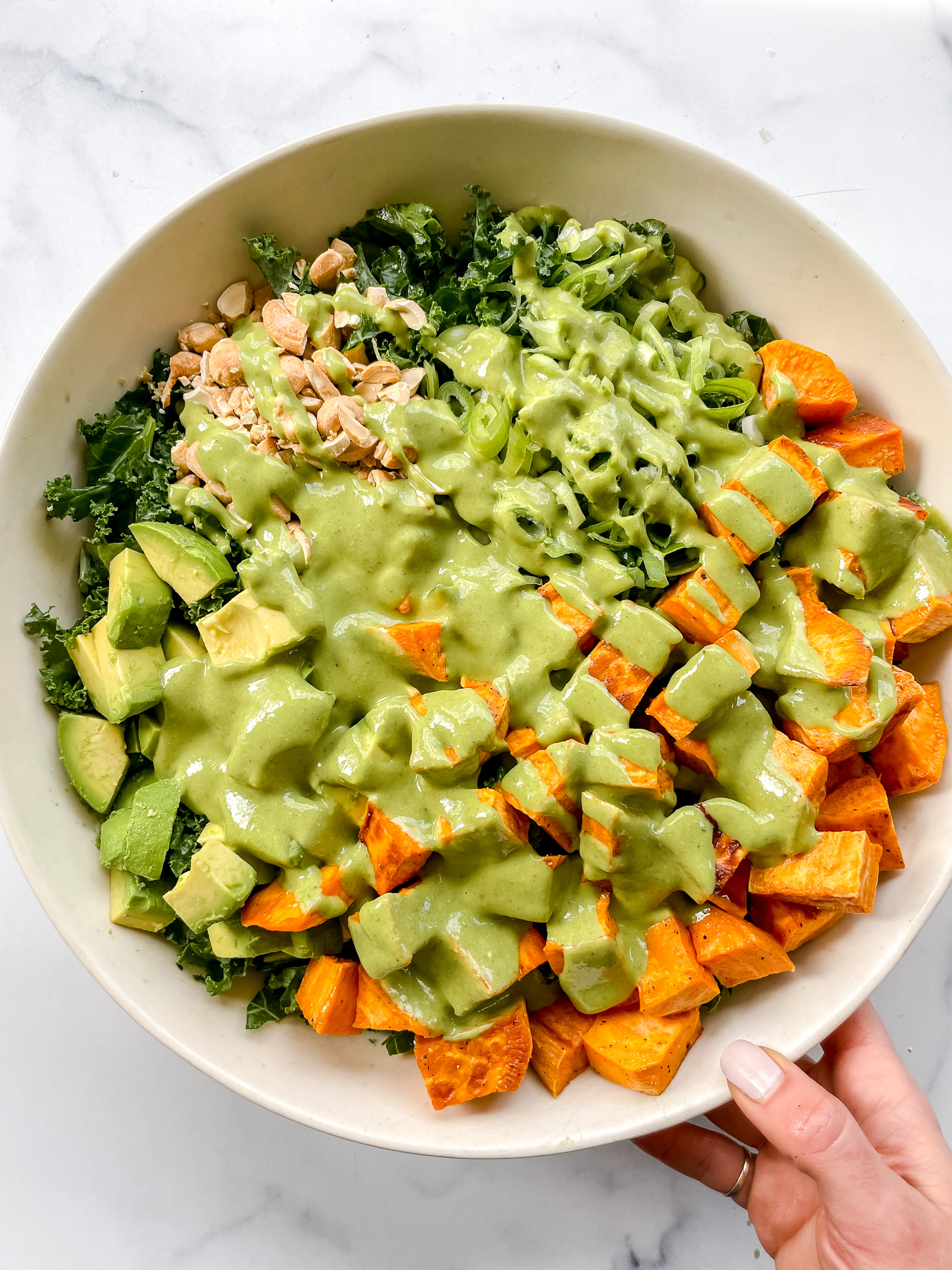 Roasted Sweet Potato and Kale Salad with Spicy Cashew Herb Dressing