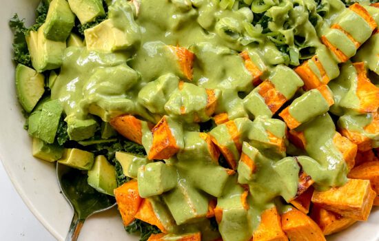 Roasted Sweet Potato + Kale Salad with Spicy Cashew Herb Dressing                           (Vegetarian, Gluten-Free, Dairy-Free)
