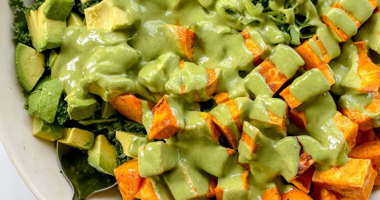 Roasted Sweet Potato + Kale Salad with Spicy Cashew Herb Dressing                           (Vegetarian, Gluten-Free, Dairy-Free)