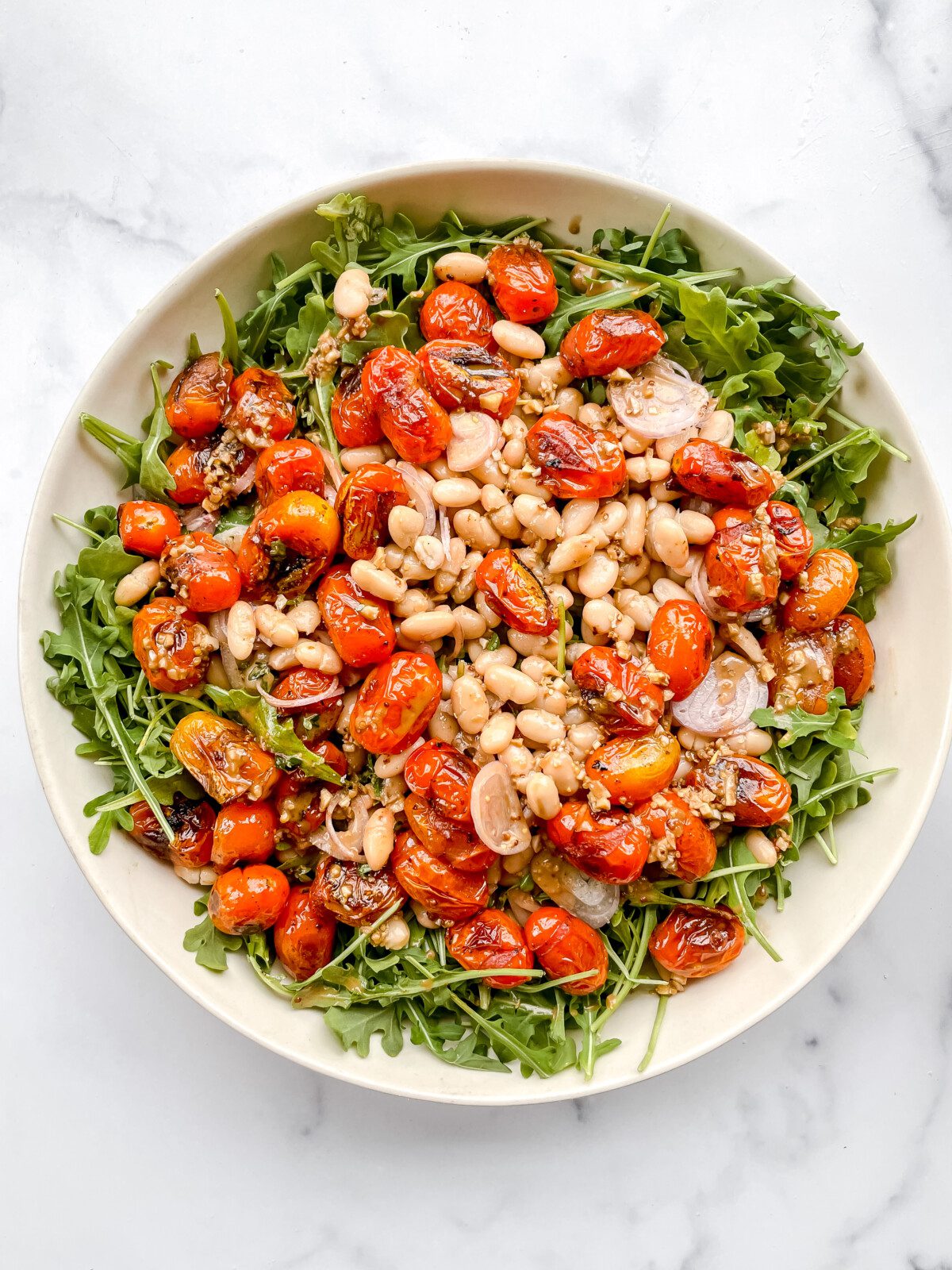 Arugula and Blistered Tomato Salad with Creamy Balsamic Dressing