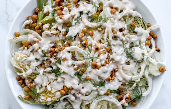 Caramelized Cabbage Salad with Fennel, Chickpeas and Yogurt Tahini Dressing
