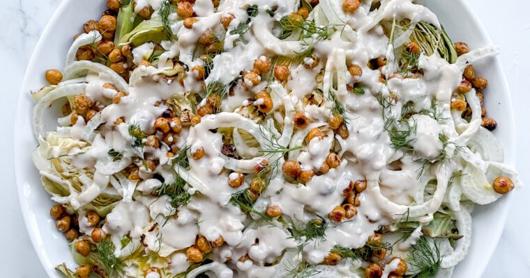 Caramelized Cabbage Salad with Fennel, Chickpeas and Yogurt Tahini Dressing