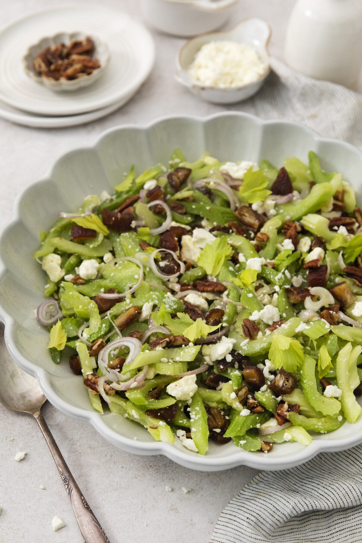 celery chopped salad with dates, pecans and feta
