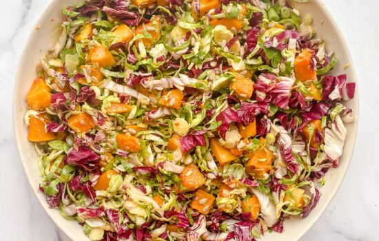 Shaved Brussels Sprouts and Butternut Squash Salad with Paprika Honey Mustard Dressing (Vegetarian, Gluten Free)