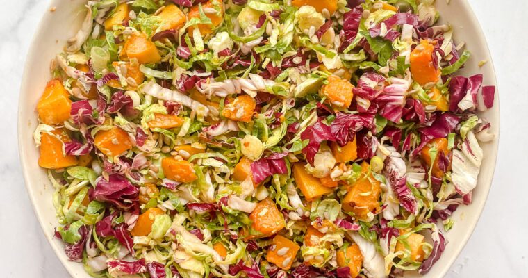 Shaved Brussels Sprouts and Butternut Squash Salad with Paprika Honey Mustard Dressing (Vegetarian, Gluten Free)