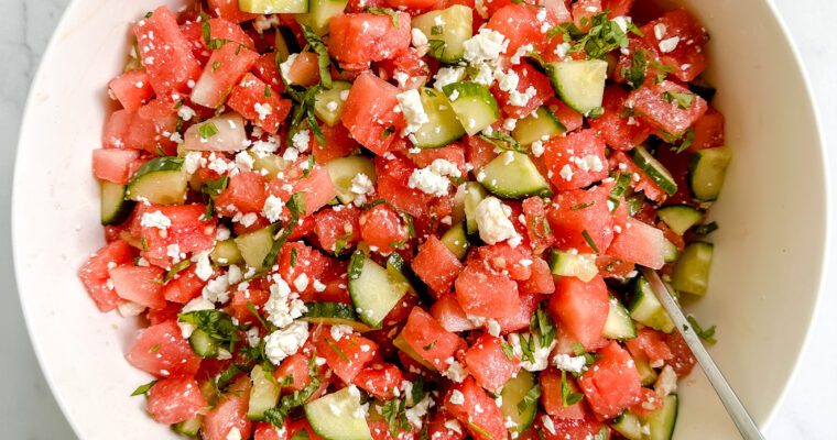 Watermelon Salad with Cucumber, Feta and Honey-Lime Dressing (Gluten Free, Vegetarian)