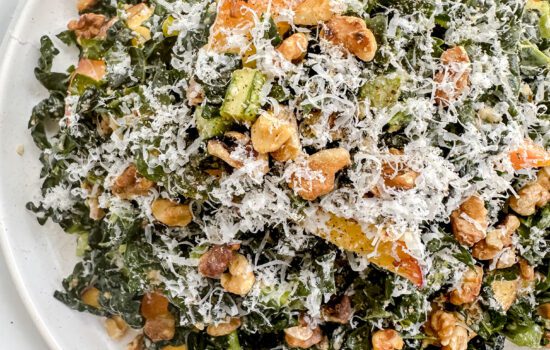Tuscan Kale Salad with Peaches, Parmesan, and Toasted Walnut Vinaigrette