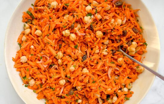 Carrot Salad with Chickpeas, Raisins, and Honey-Harissa Dressing (Gluten Free, Dairy Free, Vegan)