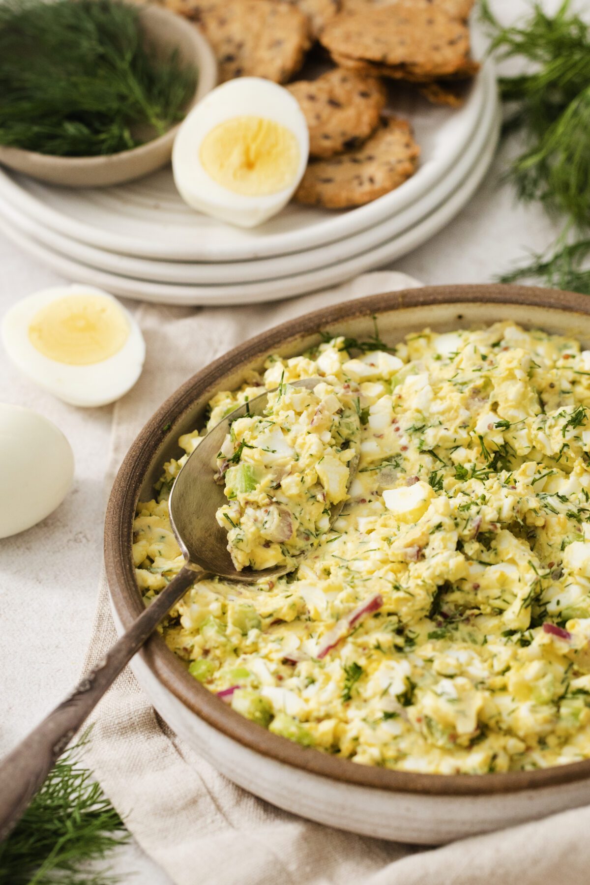 A bowl of egg salad with chopped herbs, celery, and radishes, served with a spoon. In the background, there are hard-boiled eggs, crackers, fresh dill, and stacked white plates.