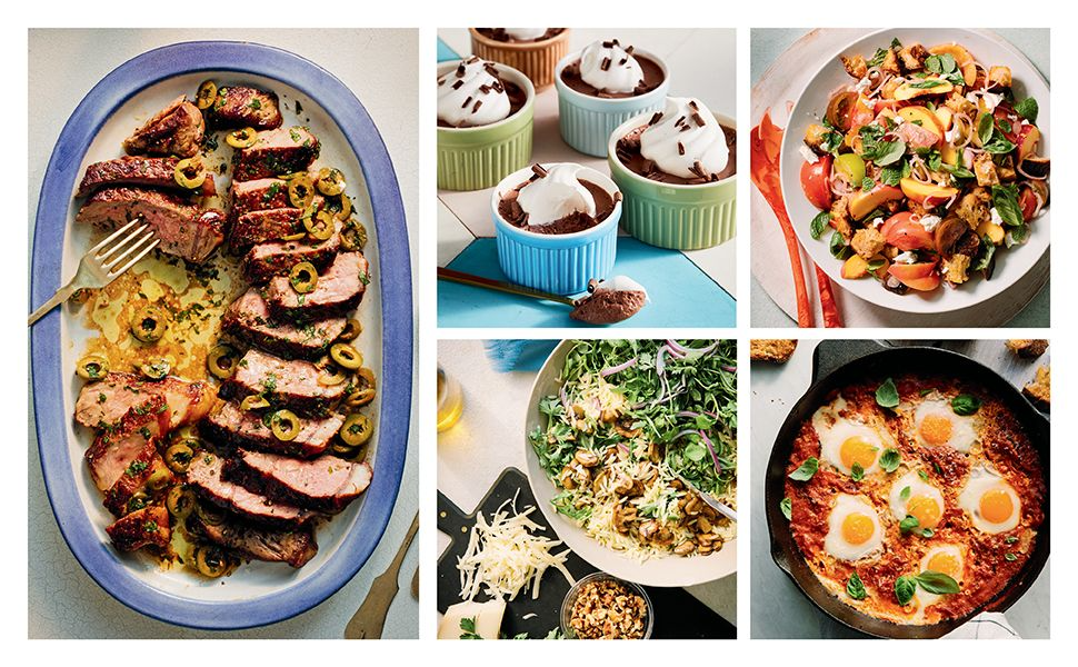 A collage of five Big Bites: sliced steak with green olives, chocolate mousse in ramekins, a colorful tomato salad, a green salad with cheese and nuts, and a skillet with baked eggs in tomato sauce.