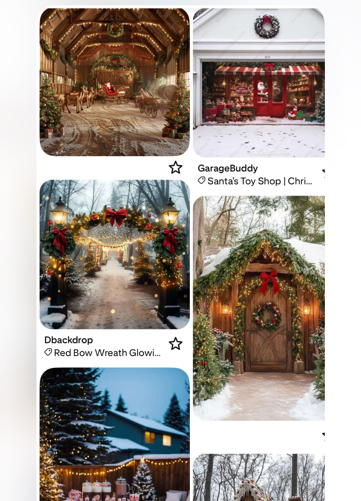 A collage of festive holiday scenes, including decorated shops, snowy walkways with wreaths and red bows, and cozy houses adorned with Christmas lights and garlands in winter settings.