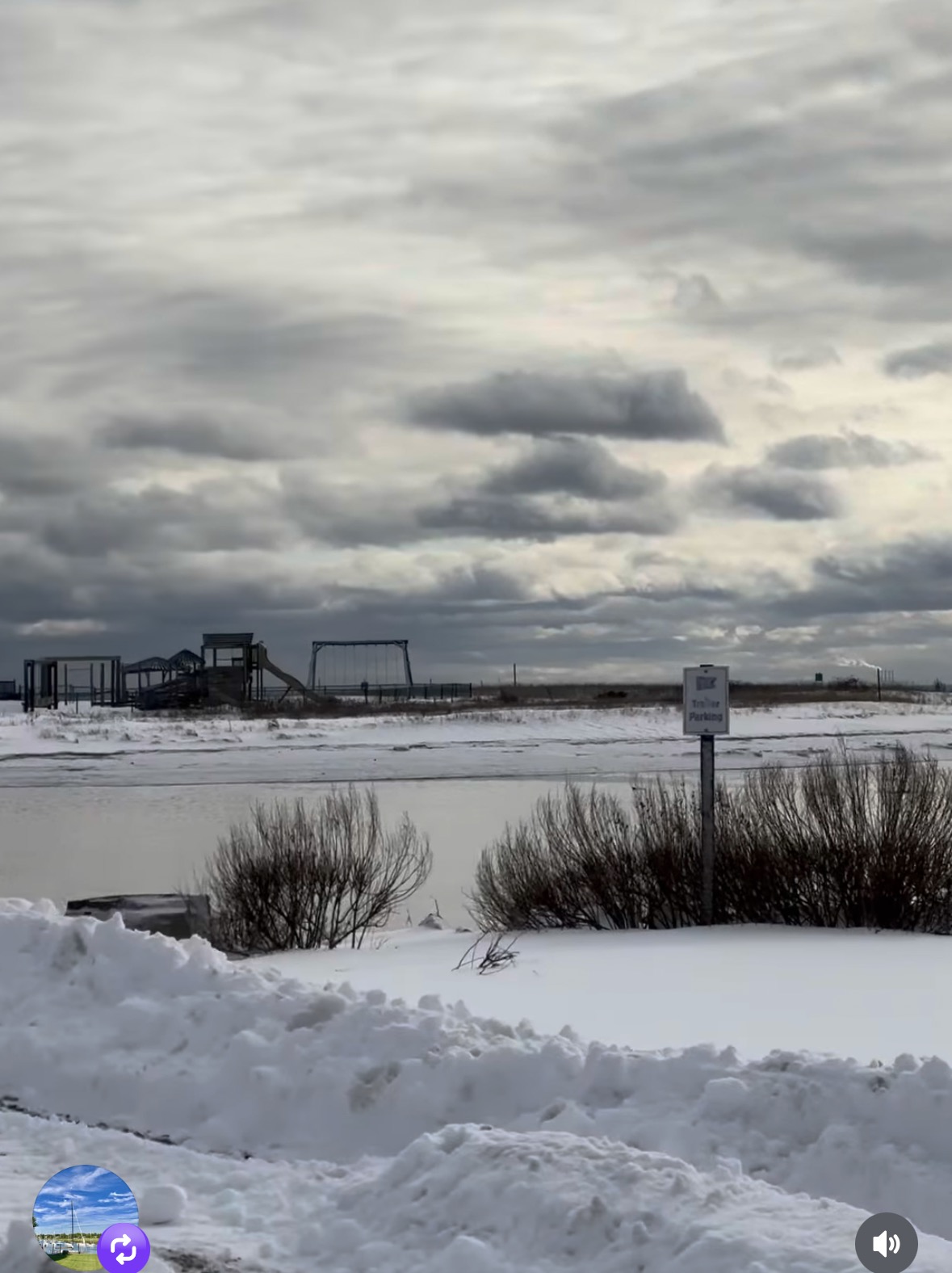 A snowy landscape with a frozen body of water, leafless bushes, and a playground in the background under a cloudy sky. A sign stands in the snow near the water&rsquo;s edge.